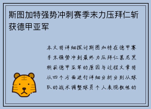 斯图加特强势冲刺赛季末力压拜仁斩获德甲亚军