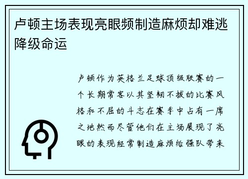 卢顿主场表现亮眼频制造麻烦却难逃降级命运